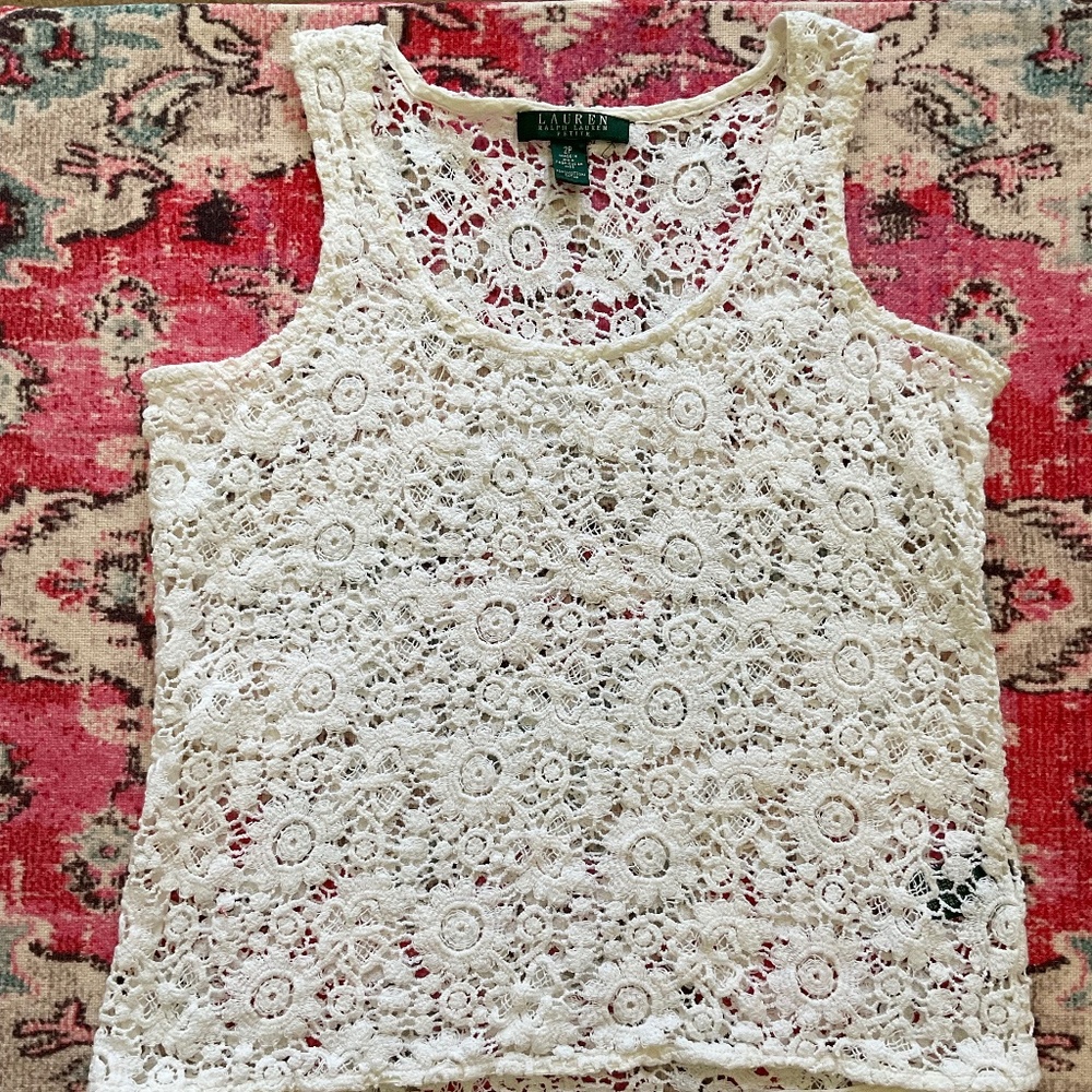 Lauren Ralph Lauren Petites White Crochet Cotton Tank Top Size 2P 2 Petite